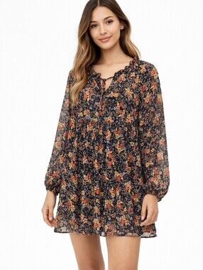 LOFT FLORAL BABYDOLL DRESS WITH LONG SLEEVES, BLACK/MULTI-COLORED FLOWERS Medium
